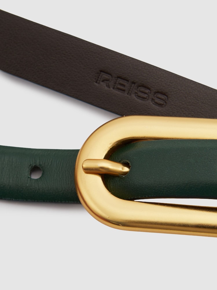 Reiss Green Chaya Thin Leather Elongated Buckle Belt - Image 4 of 4