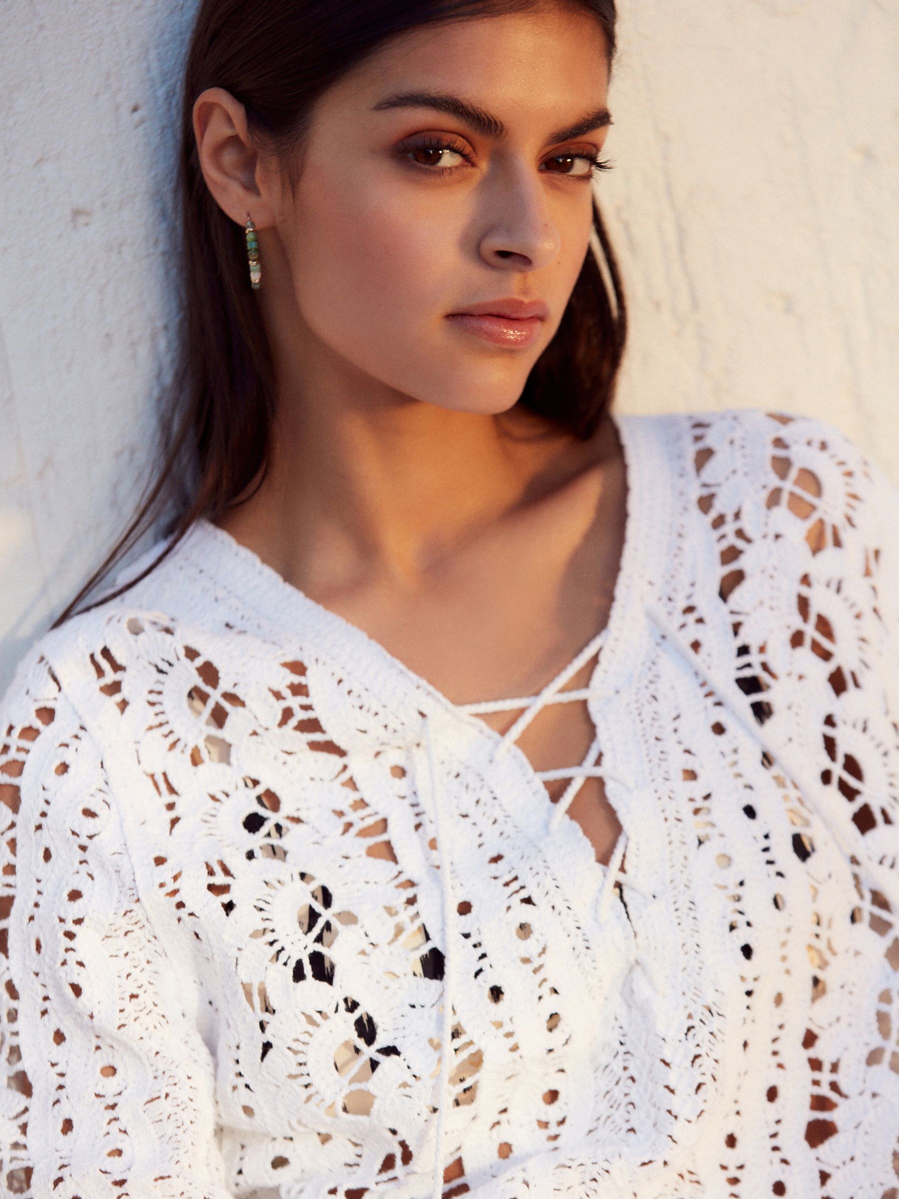 White lace up long sleeve top cheap
