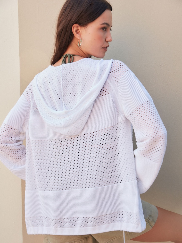 White Mesh Stitch Hooded Cardigan - Image 2 of 7