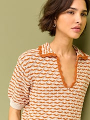 Orange Short Sleeve Stich Detail Polo Top - Image 1 of 6