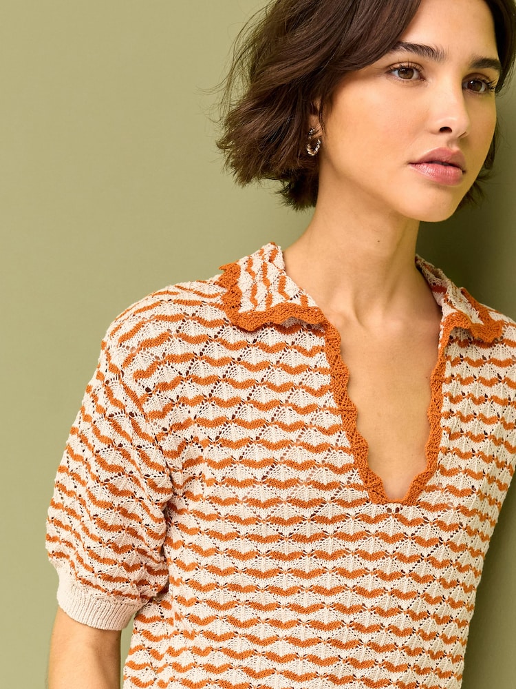 Orange Short Sleeve Stich Detail Polo Top - Image 1 of 6
