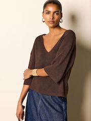 Brown V-Neck Linen Short Sleeve Top - Image 1 of 6