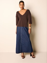 Brown V-Neck Linen Short Sleeve Top - Image 2 of 6