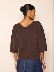 Brown V-Neck Linen Short Sleeve Top - Image 3 of 6