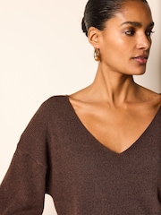 Brown V-Neck Linen Short Sleeve Top - Image 4 of 6