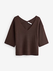 Brown V-Neck Linen Short Sleeve Top - Image 5 of 6