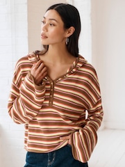 Brown Stripe Button Neck Hoodie - Image 1 of 6