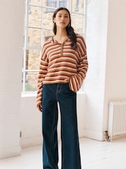 Brown Stripe Button Neck Hoodie - Image 2 of 6