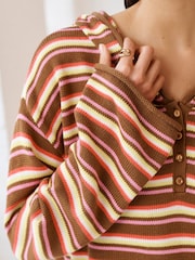 Brown Stripe Button Neck Hoodie - Image 4 of 6