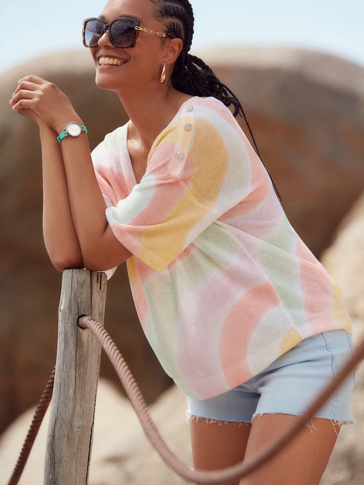 Orange V-Neck Gem Button Linen T-Shirt - Image 1 of 7