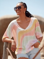 Orange V-Neck Gem Button Linen T-Shirt - Image 3 of 7
