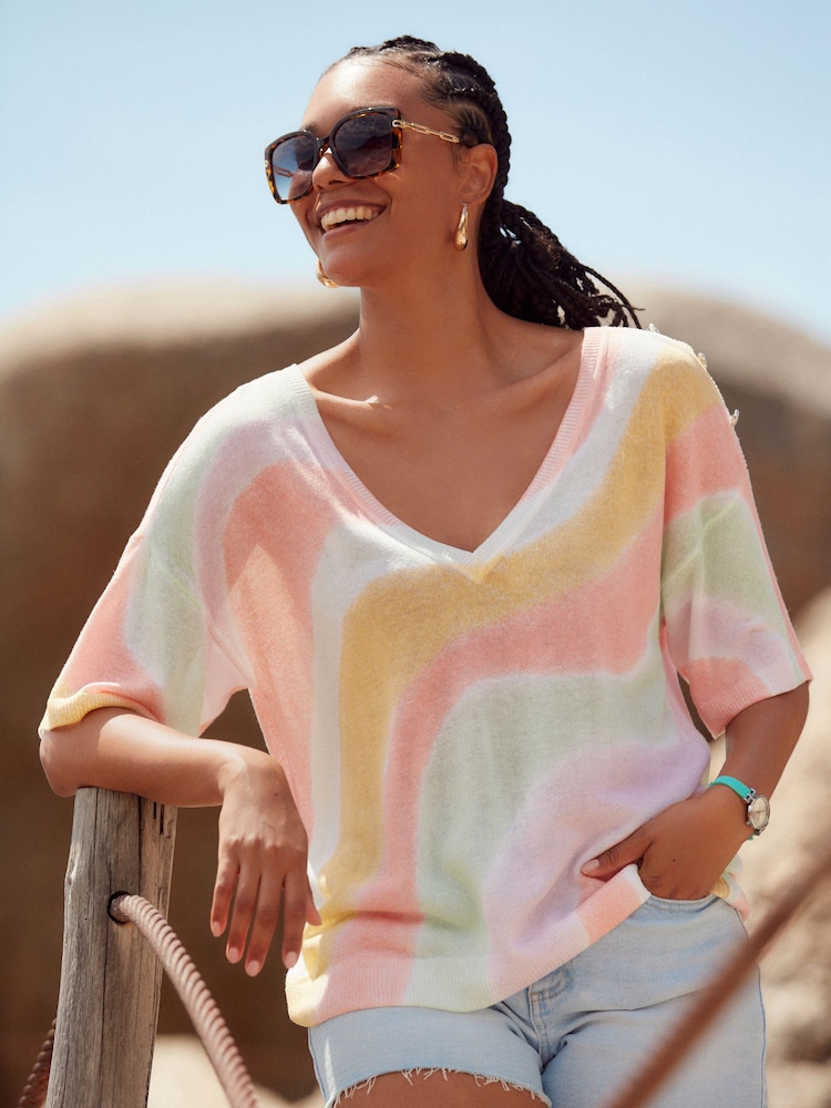 Orange V-Neck Gem Button Linen T-Shirt - Image 3 of 7