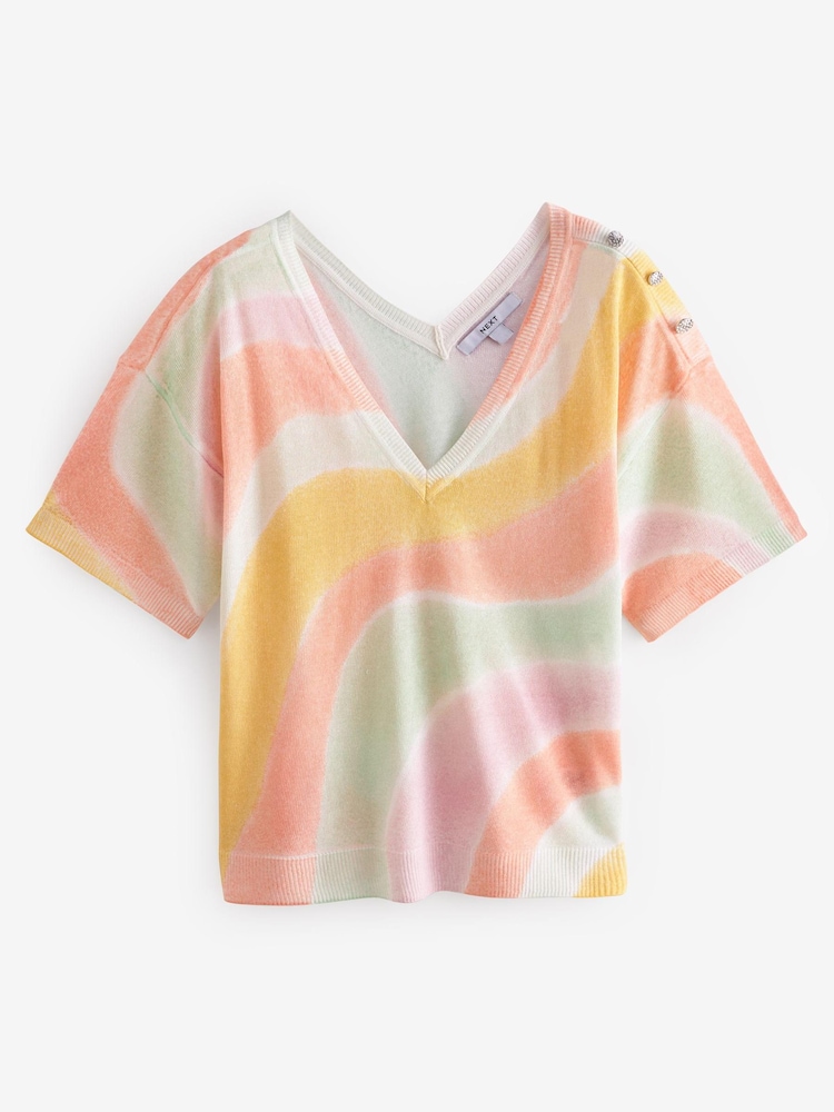 Orange V-Neck Gem Button Linen T-Shirt - Image 6 of 7