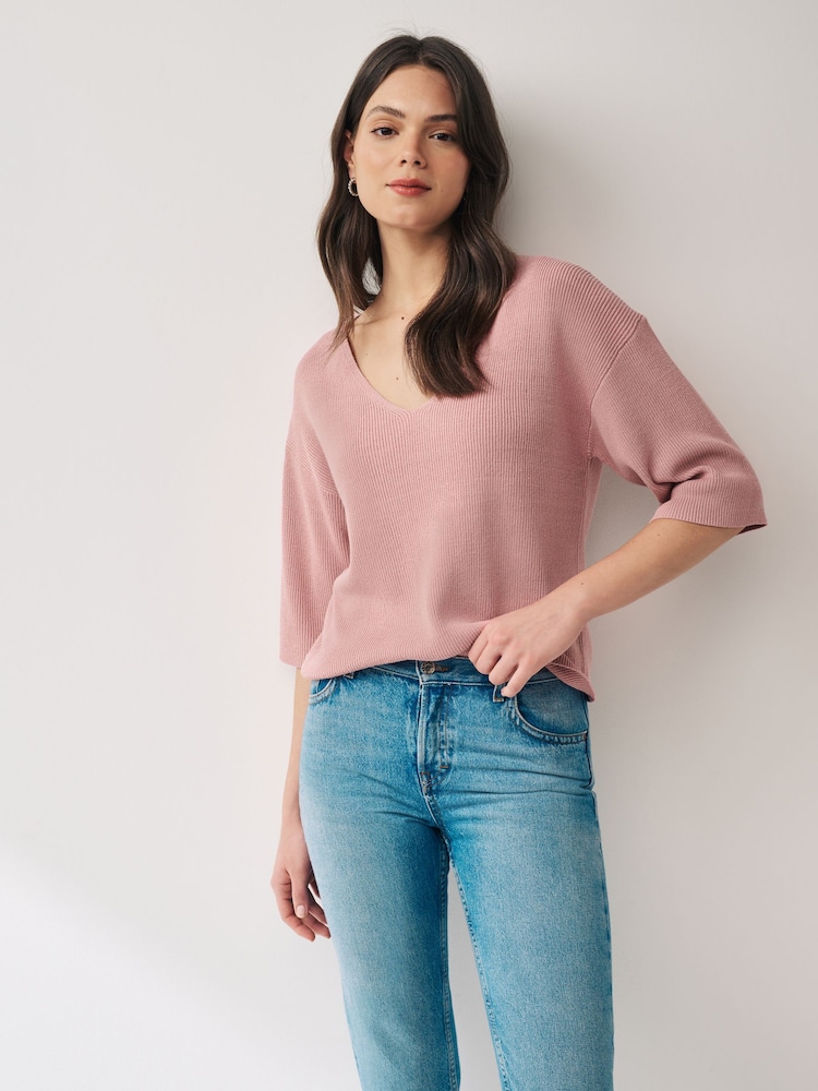 Blush Pink V-Neck Linen Short Sleeve Top - Image 1 of 6