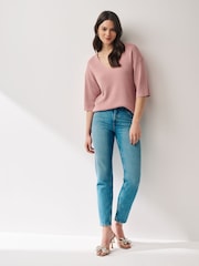 Blush Pink V-Neck Linen Short Sleeve Top - Image 2 of 6