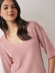 Blush Pink V-Neck Linen Short Sleeve Top - Image 3 of 6