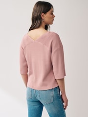 Blush Pink V-Neck Linen Short Sleeve Top - Image 4 of 6