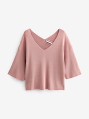 Blush Pink V-Neck Linen Short Sleeve Top - Image 5 of 6