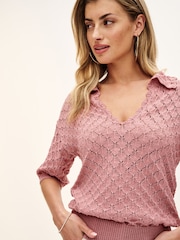 Blush Pink Short Sleeve Stich Detail Polo Top - Image 1 of 6