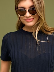 Navy Blue Linen Blend T-Shirt - Image 1 of 6