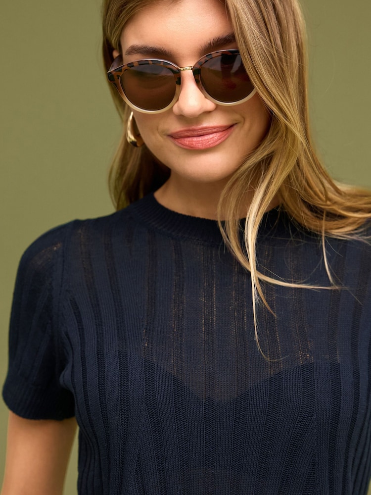 Navy Blue Linen Blend T-Shirt - Image 1 of 6