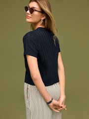 Navy Blue Linen Blend T-Shirt - Image 4 of 6