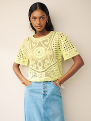 Yellow Short Sleeve Crochet 100% Cotton Crew Neck T-Shirt - Image 1 of 6