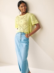 Yellow Short Sleeve Crochet 100% Cotton Crew Neck T-Shirt - Image 2 of 6