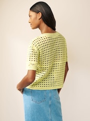 Yellow Short Sleeve Crochet 100% Cotton Crew Neck T-Shirt - Image 3 of 6