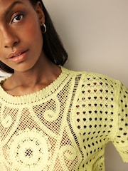 Yellow Short Sleeve Crochet 100% Cotton Crew Neck T-Shirt - Image 4 of 6