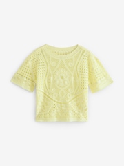 Yellow Short Sleeve Crochet 100% Cotton Crew Neck T-Shirt - Image 5 of 6