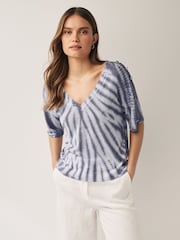 Blue V-Neck Gem Button Linen T-Shirt - Image 1 of 6