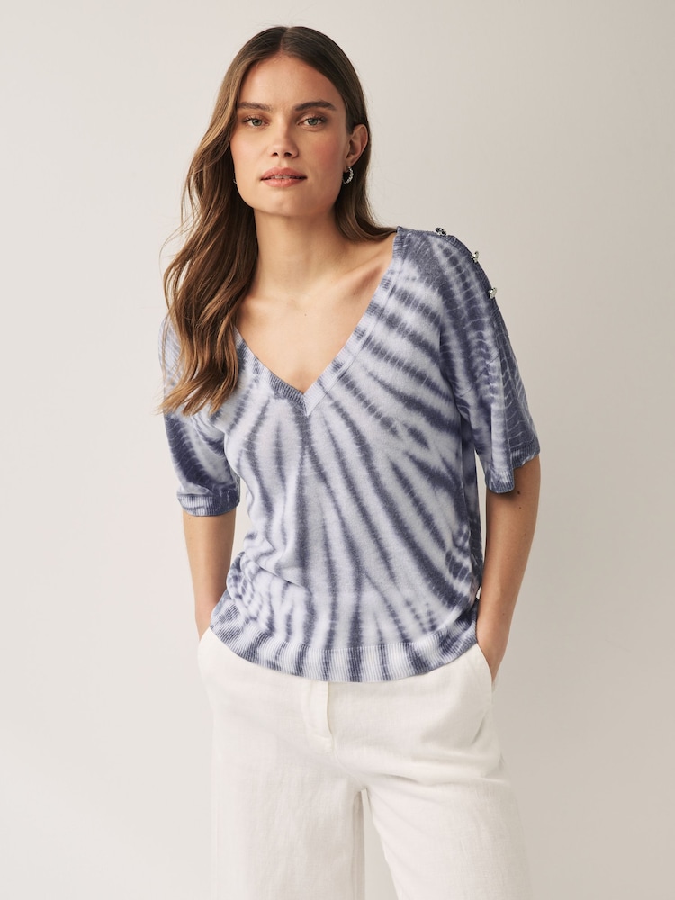 Blue V-Neck Gem Button Linen T-Shirt - Image 1 of 6 Blue V-Neck Gem Button Linen T-Shirt - Image 1 of 6