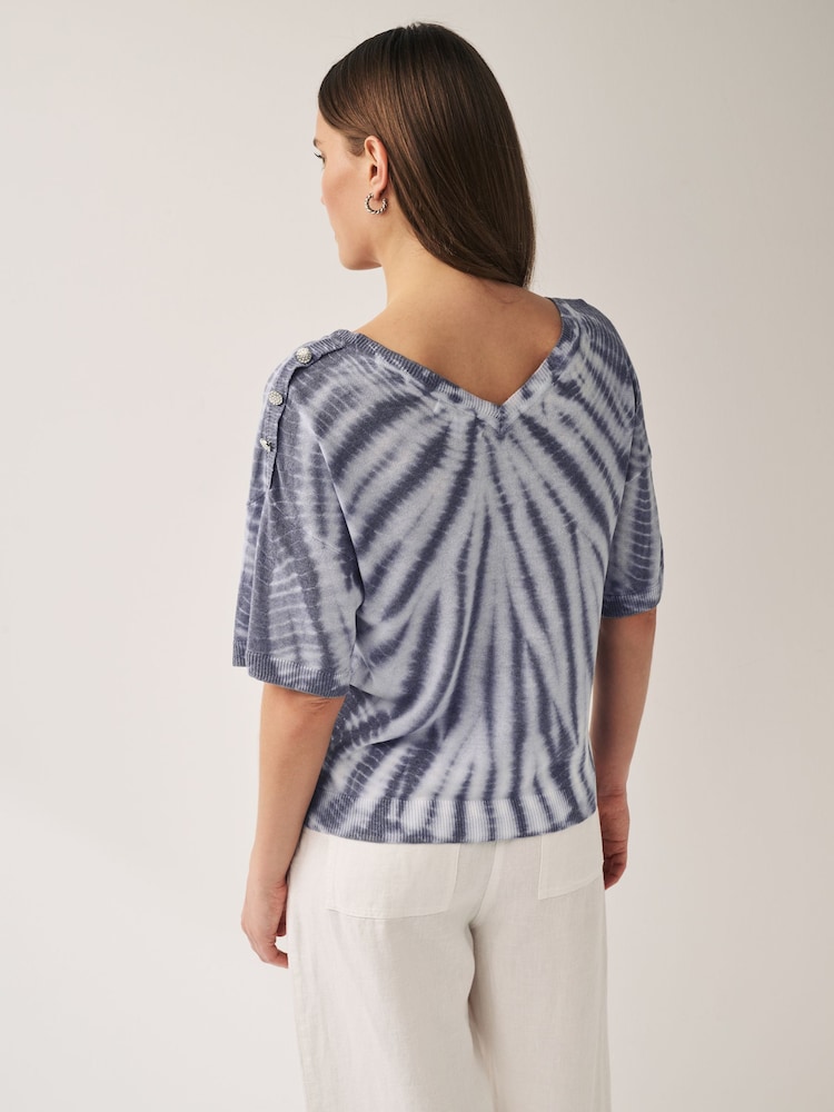 Blue V-Neck Gem Button Linen T-Shirt - Image 2 of 6