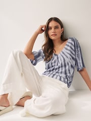 Blue V-Neck Gem Button Linen T-Shirt - Image 3 of 6
