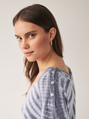 Blue V-Neck Gem Button Linen T-Shirt - Image 4 of 6