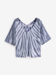 Blue V-Neck Gem Button Linen T-Shirt - Image 5 of 6