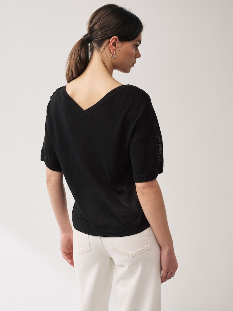 Black V-Neck Gem Button Linen T-Shirt - Image 2 of 6