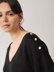 Black V-Neck Gem Button Linen T-Shirt - Image 4 of 6