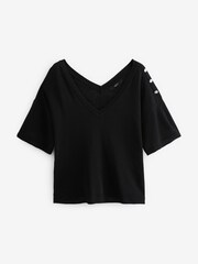 Black V-Neck Gem Button Linen T-Shirt - Image 5 of 6