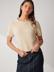Neutral Brown 100% Cotton Roll Edge Knitted T-Shirt - Image 1 of 5