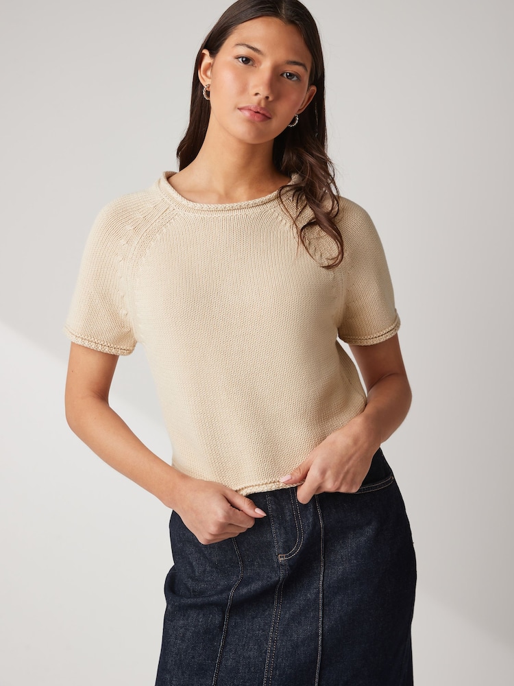 Neutral Brown 100% Cotton Roll Edge Knitted T-Shirt - Image 1 of 5