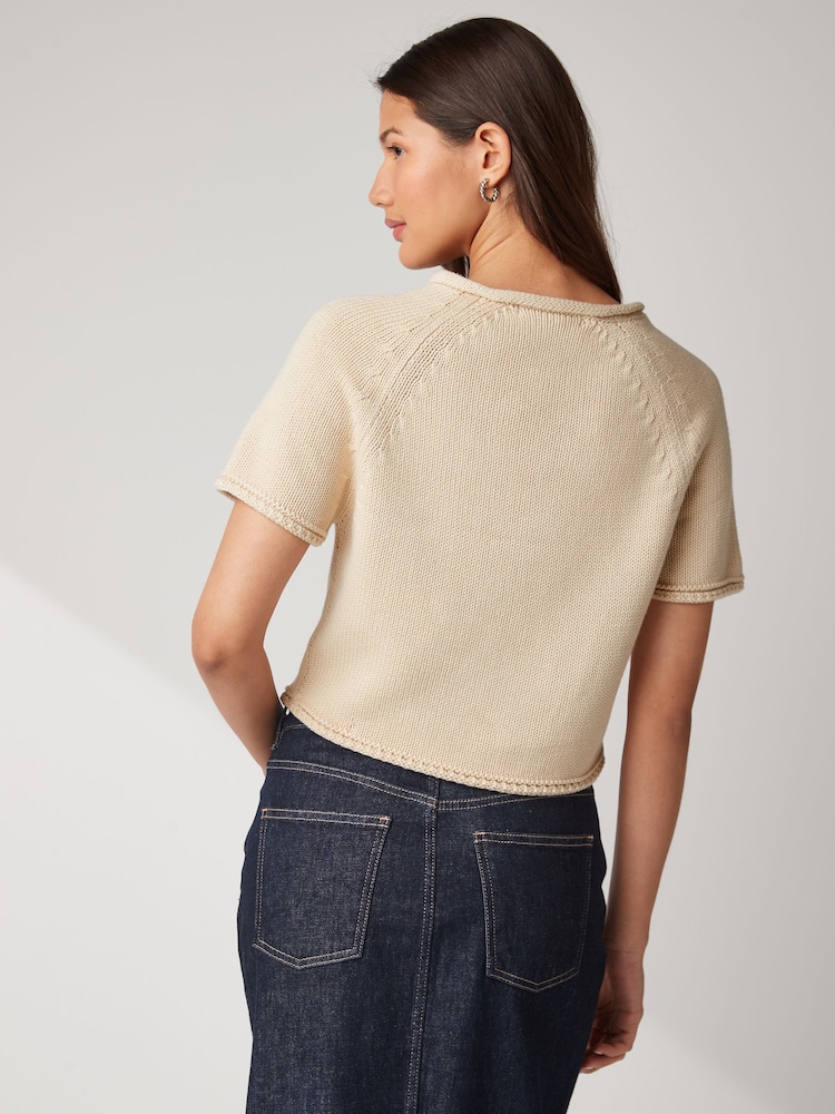 Neutral Brown 100% Cotton Roll Edge Knitted T-Shirt - Image 2 of 5