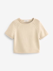 Neutral Brown 100% Cotton Roll Edge Knitted T-Shirt - Image 4 of 5