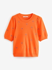 Orange Printed Crew Neck Short Sleeve Knitted Top - Image 1 of 5