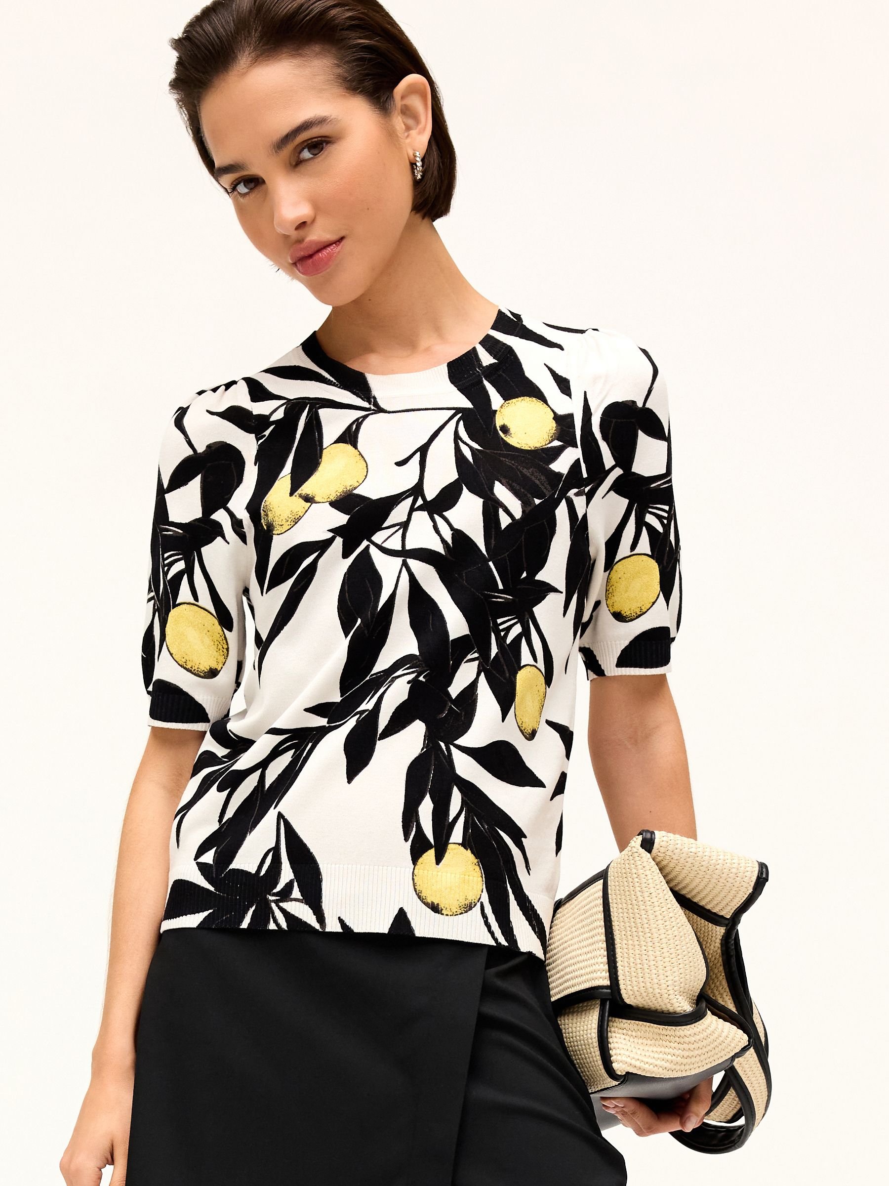 Buy Ecru White/Black Lemon Print Printed Crew Neck Short Sleeve Knitted Top  from Next Luxembourg
