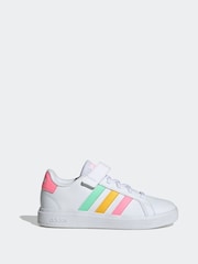 adidas White/Pink Grand Court Elastic Lace and Top Strap Trainers - Image 1 of 9