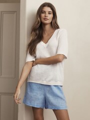White 100% Linen V-Neck Knitted T-Shirt - Image 1 of 6