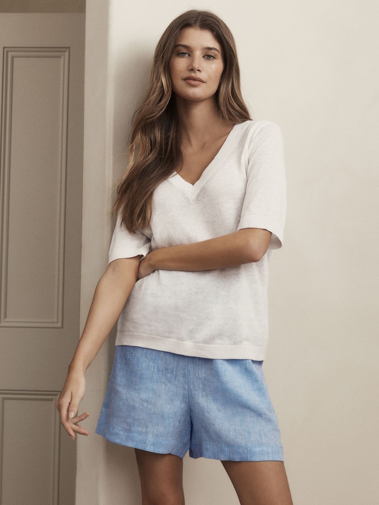 White 100% Linen V-Neck Knitted T-Shirt - Image 1 of 6 White 100% Linen V-Neck Knitted T-Shirt - Image 1 of 6