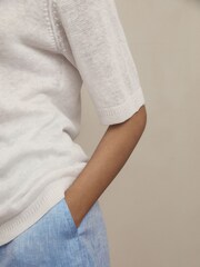 White 100% Linen V-Neck Knitted T-Shirt - Image 4 of 6